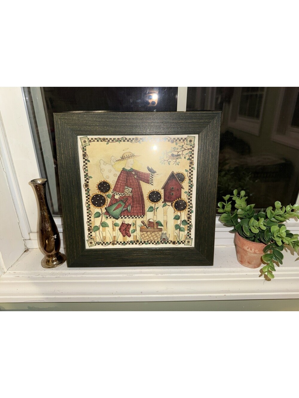 primitive framed print Sunflower & Angel Garden picture, rustic, country decor